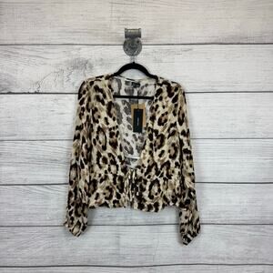 Vera Moda Women's Anna Long Sleeve Cheetah Tie Front Blouse Size Large